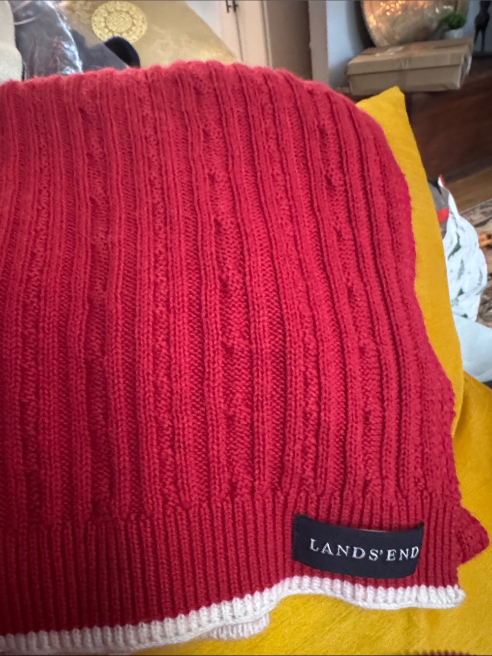 Lands' End Men's Red Ribbed Crewneck Sweater with White Trim